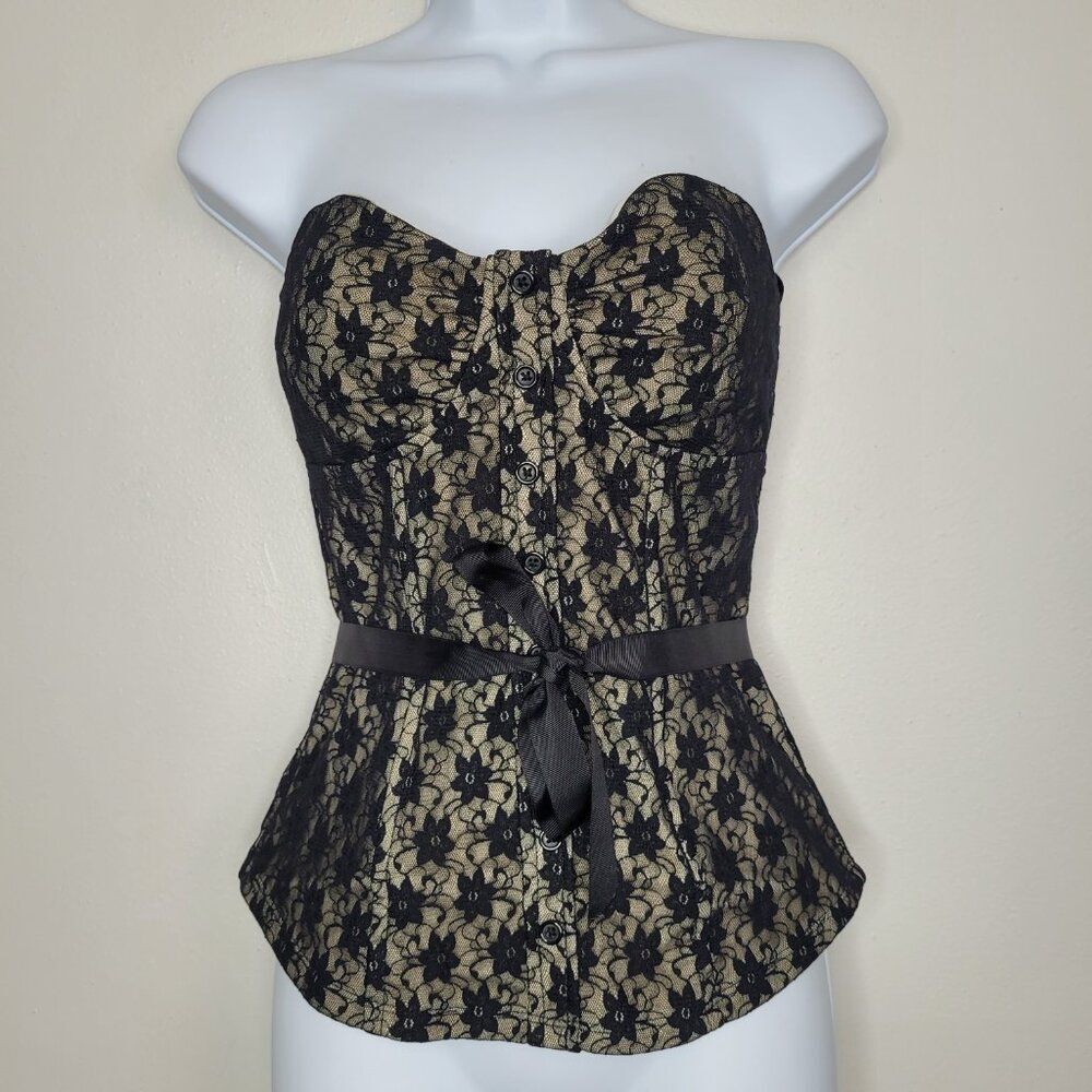 Charlotte Russe black tan lace tie grunge party going out top corset size large